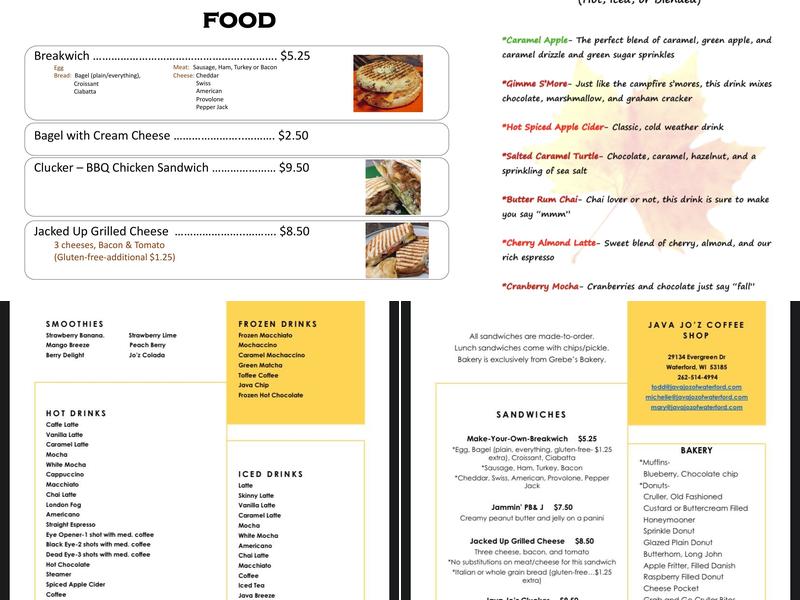 Java Jo'z Coffee Shop Menu