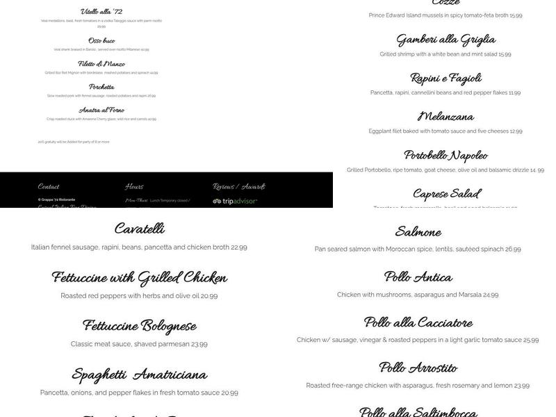 Grappa '72 Menu