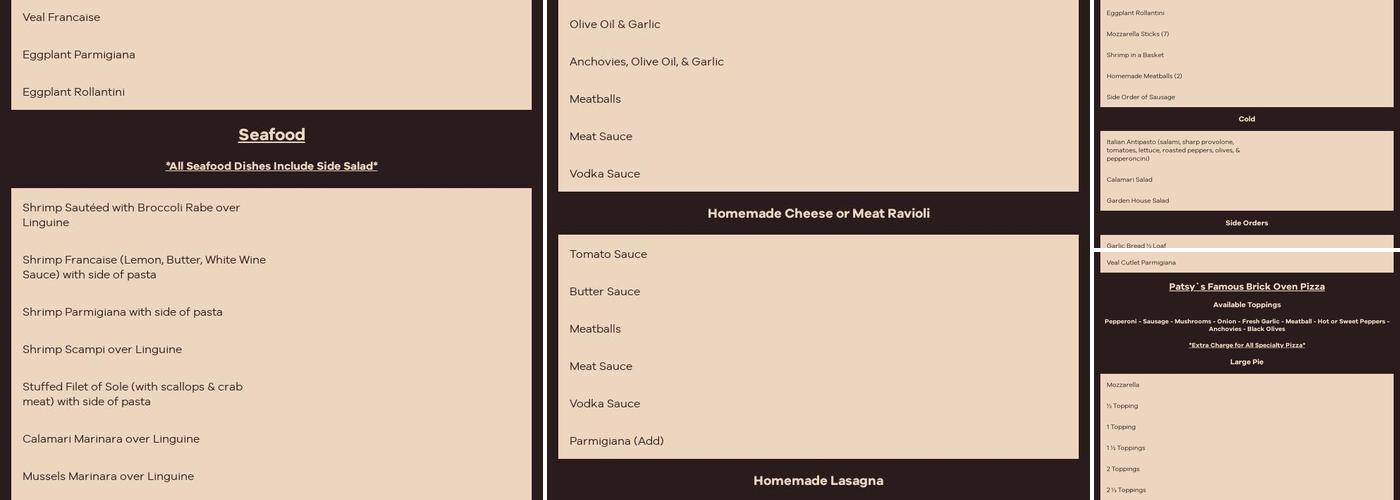 Patsy's Tavern & Restaurant Menu