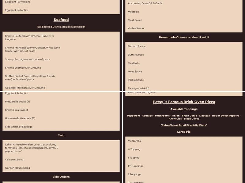 Patsy's Tavern & Restaurant Menu