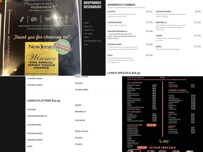 Bosphorus Restaurant Menu