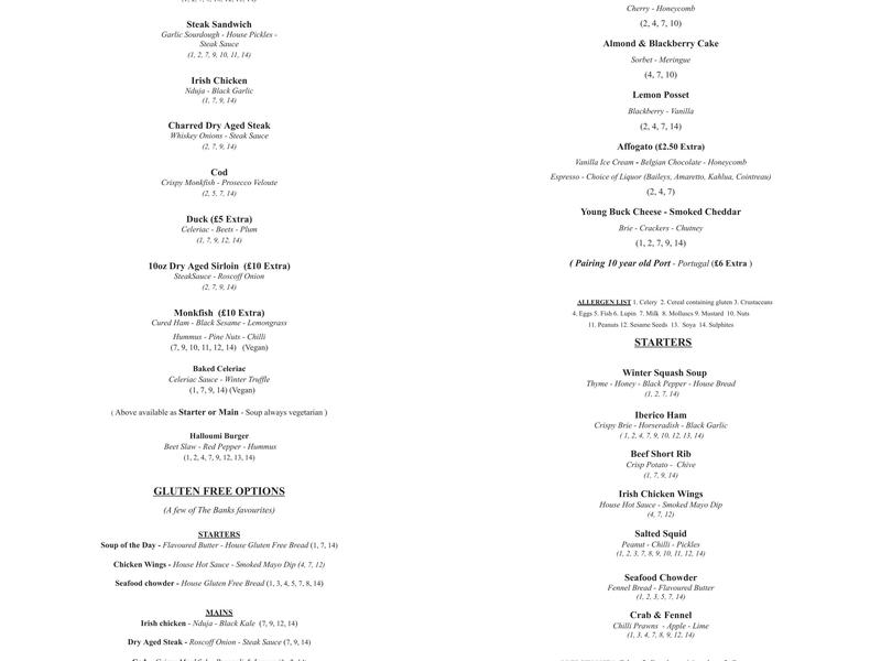 The Banks Restaurant Menu