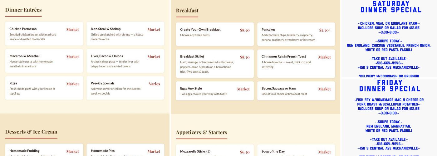 Bubble's Restaurant Menu
