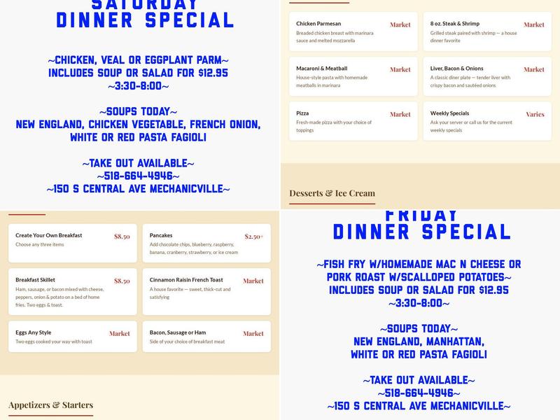Bubble's Restaurant Menu