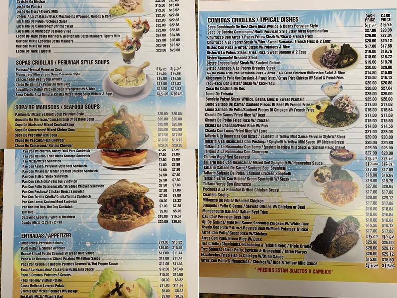 Costa Marinera Peruvian Restaurant. Menu