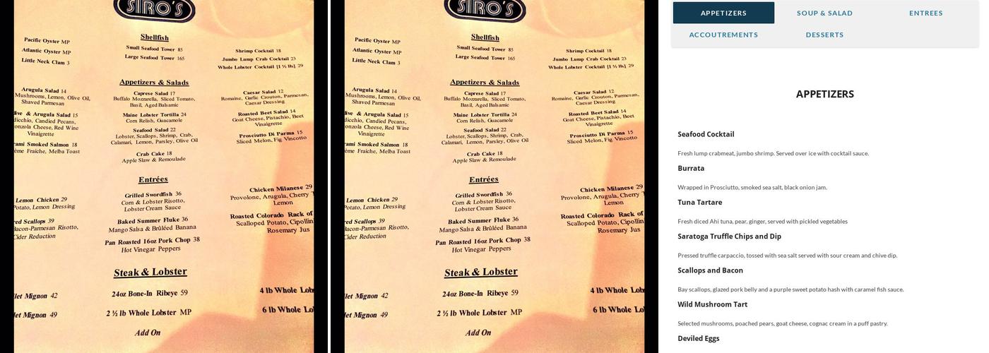 Siro's Restaurant - Bar Menu