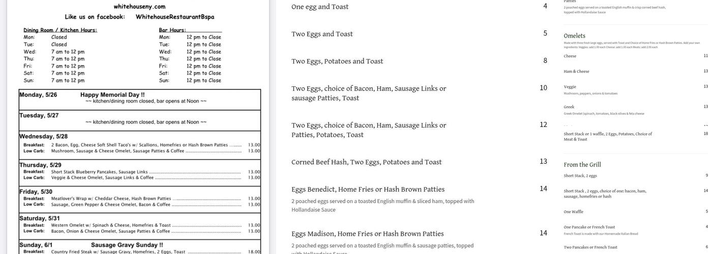 Whitehouse Restaurant Menu