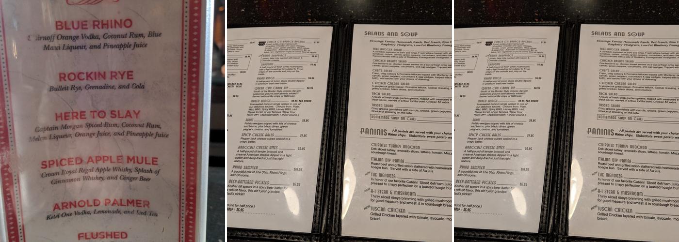 Rhino's Hometown Pub Menu