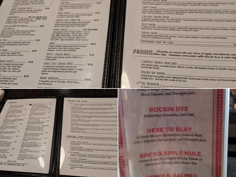 Rhino's Hometown Pub Menu