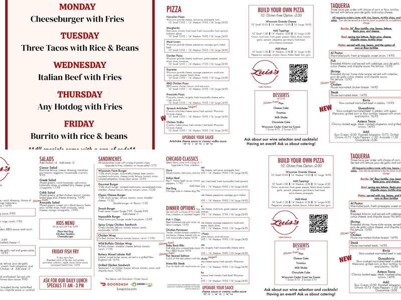 Luis's Pizza Menu