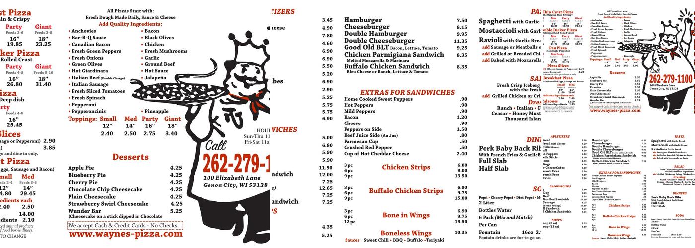 Wayne's Pizza Menu