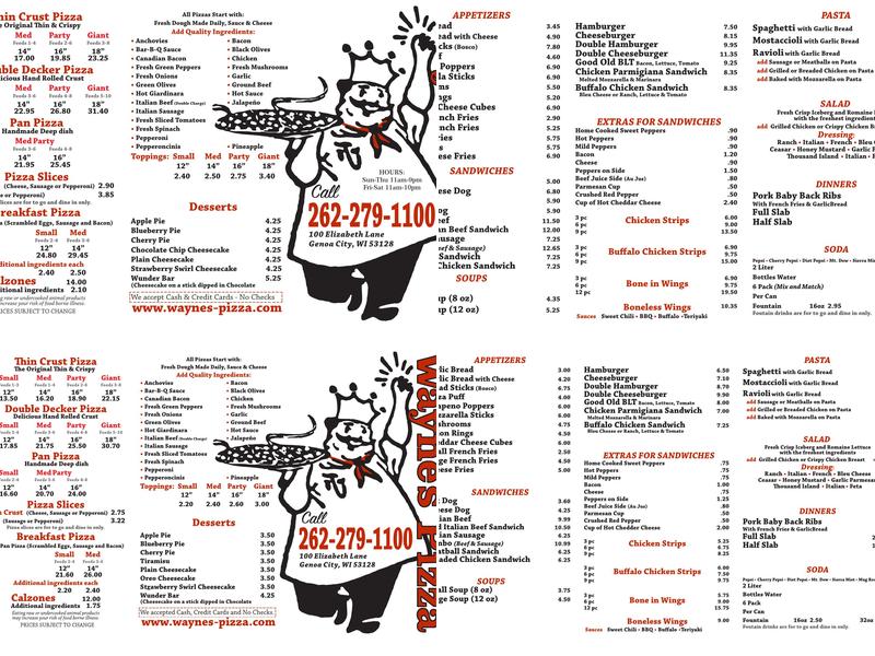 Wayne's Pizza Menu