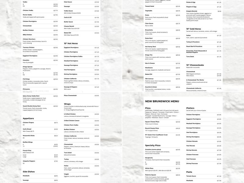 Krispy Pizza - New Brunswick Menu