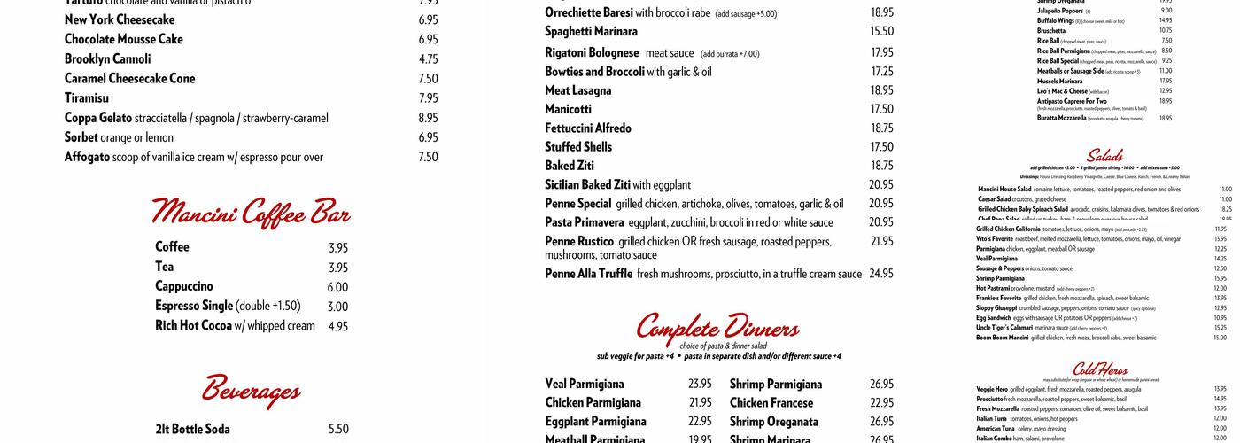 Mancini Pizza Menu