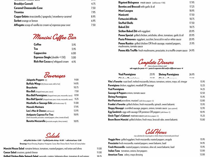 Mancini Pizza Menu