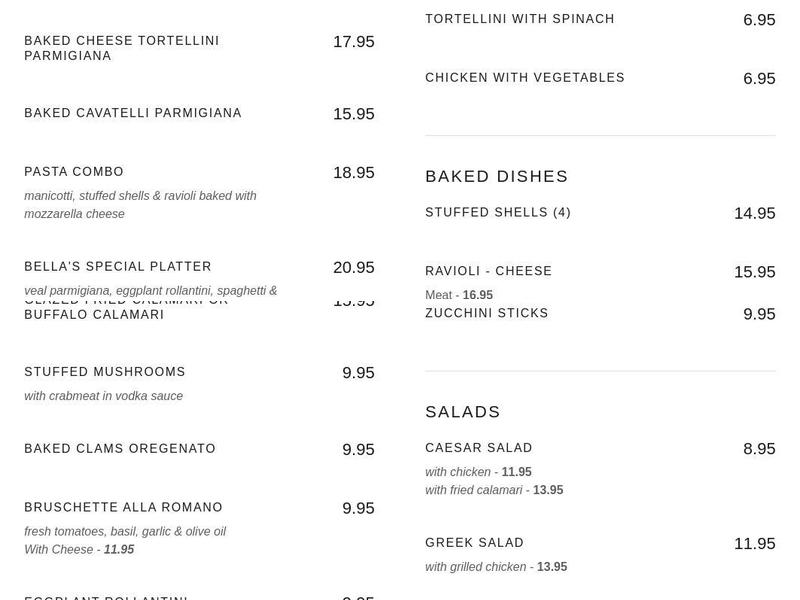 Bella La Pizza Menu
