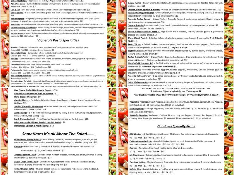 Vigneto Bar Grill Menu