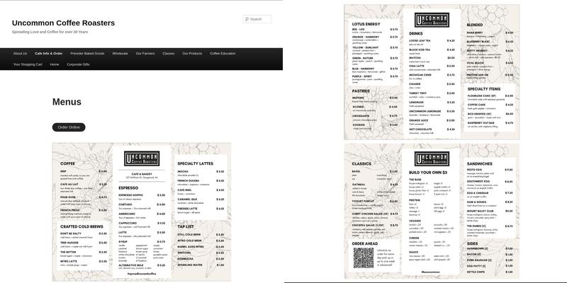 Uncommon Coffee Roasters - Roasting Facility Menu