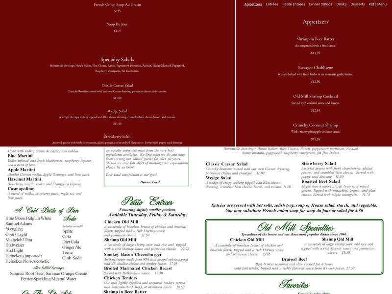 Old Mill Restaurant Menu