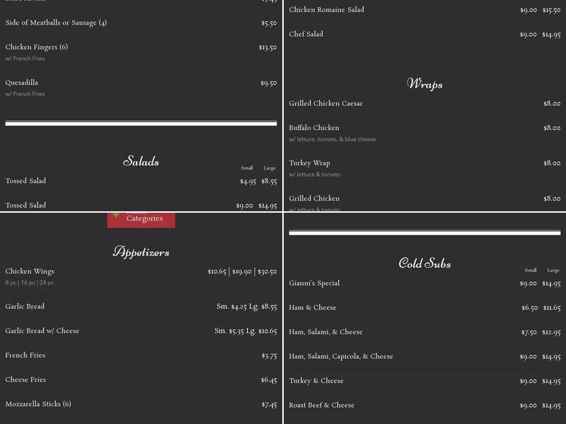 Gianni's Pizzeria Menu