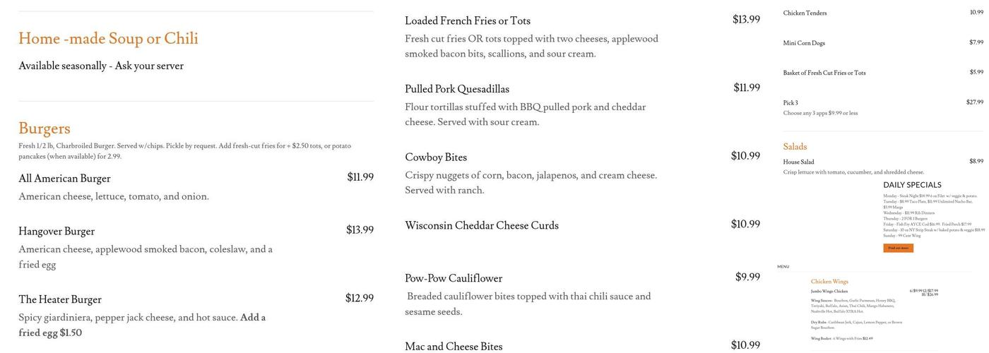 The Watershed Saloon Menu