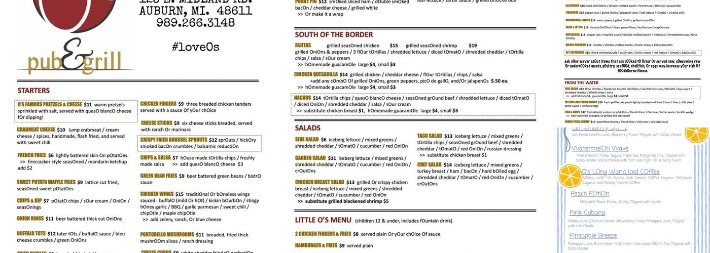O's Pub & Grill Menu