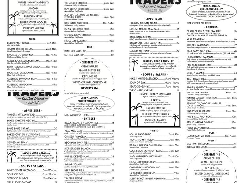 Traders Restaurant on Sanibel Menu