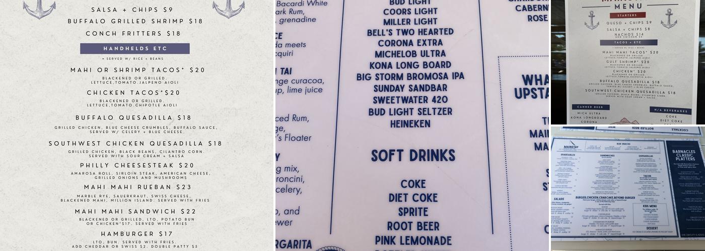 Mainstay and Barnacles Bar Menu