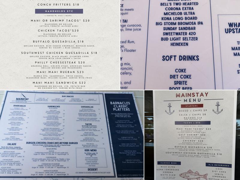 Mainstay and Barnacles Bar Menu
