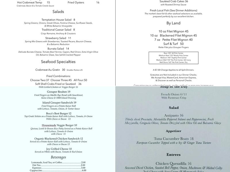 Temptation Restaurant Menu
