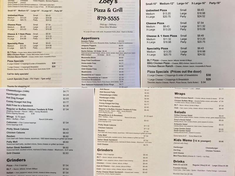 Zoey's Pizza Menu
