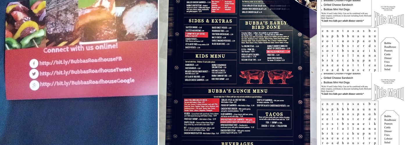 Bubba's Roadhouse & Saloon Menu
