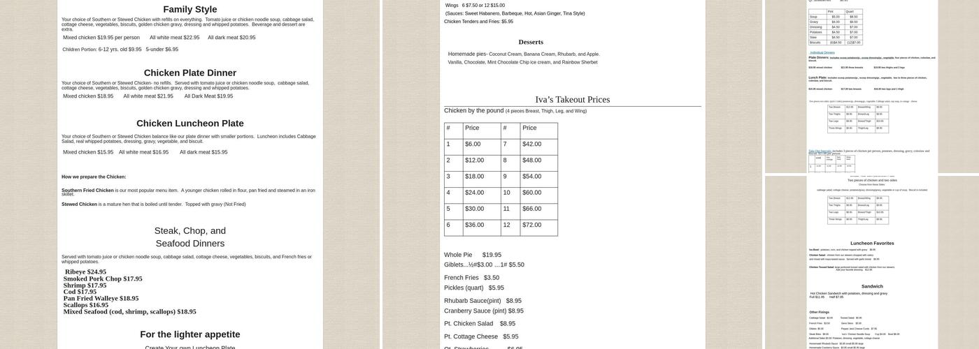 Iva's Chicken Dinners Menu