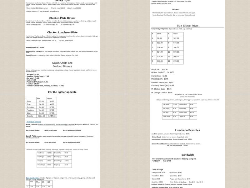 Iva's Chicken Dinners Menu