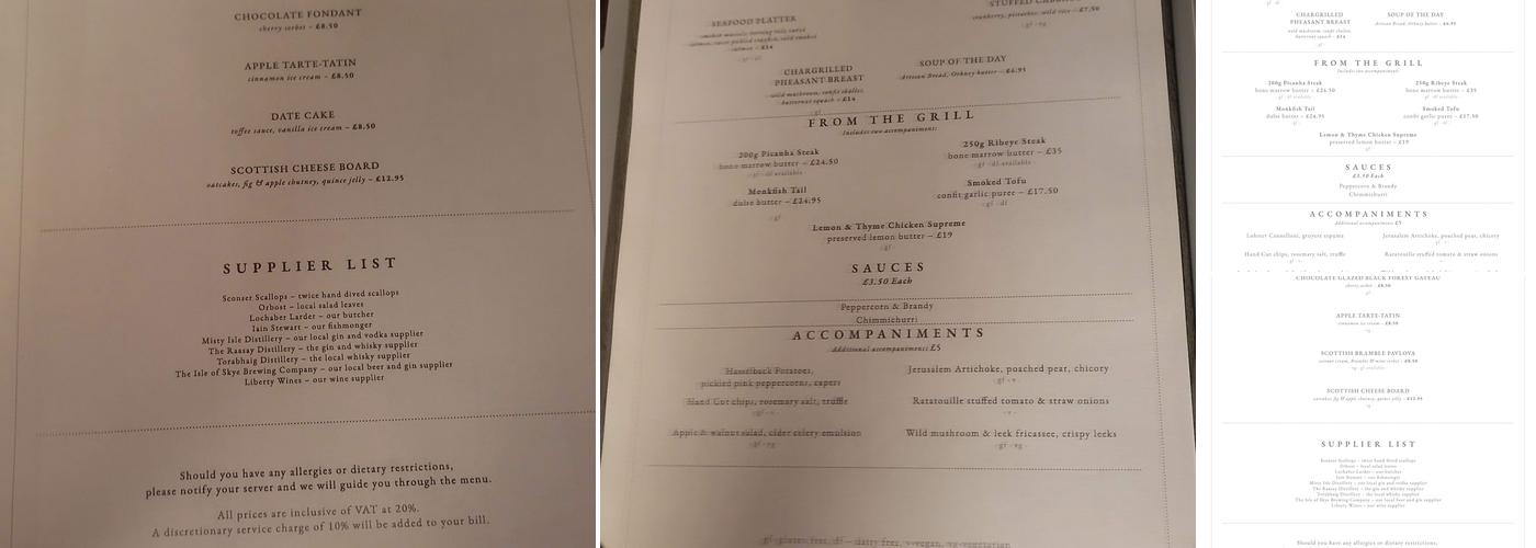 Chargrill Restaurant Portree Menu