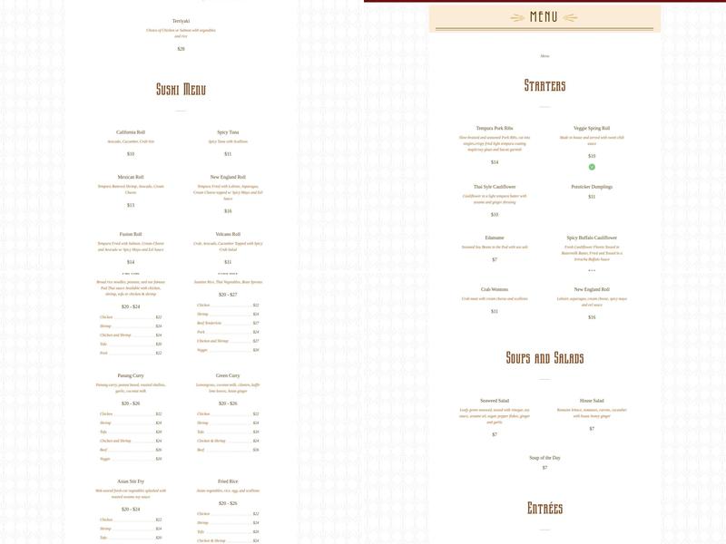 Fusion Restaurant Menu