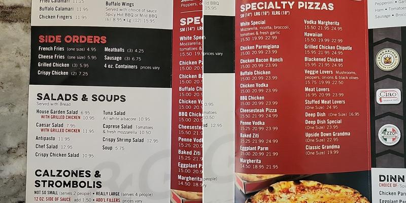 J & G Pizza Menu
