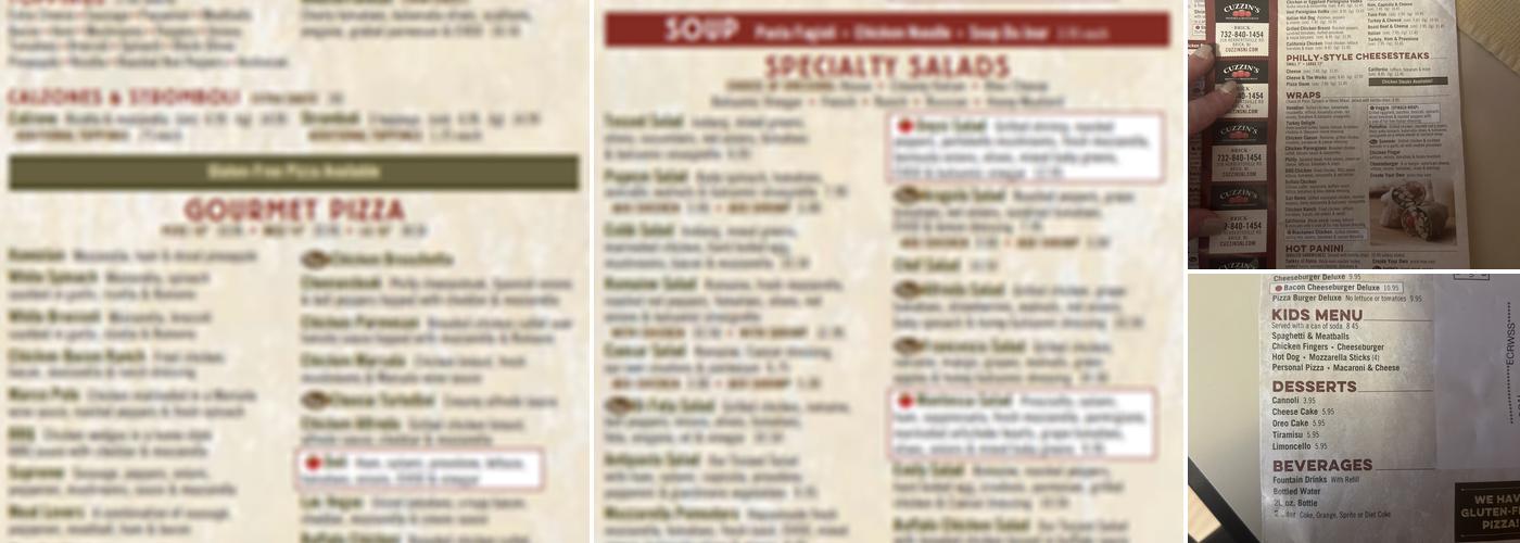 Cuzzins Pizza Menu