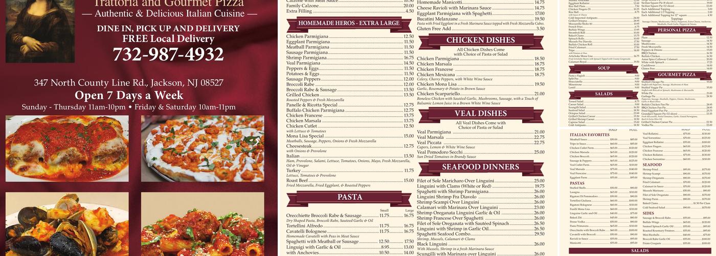 Mona Lisa Pizza Menu