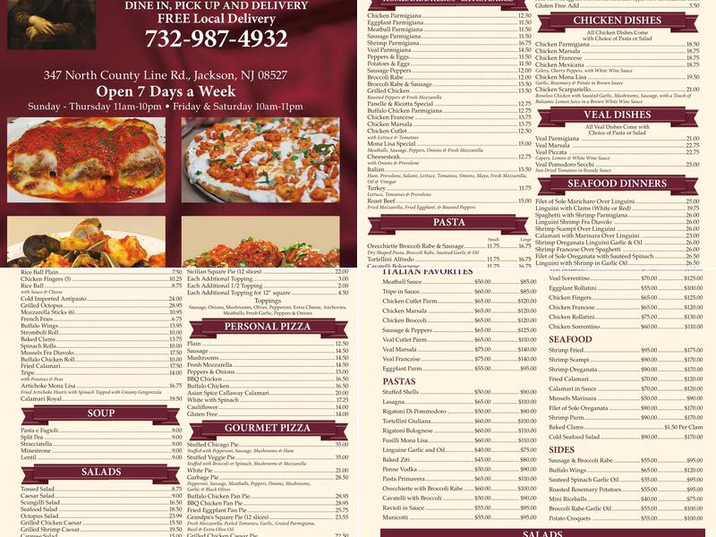 Mona Lisa Pizza Menu