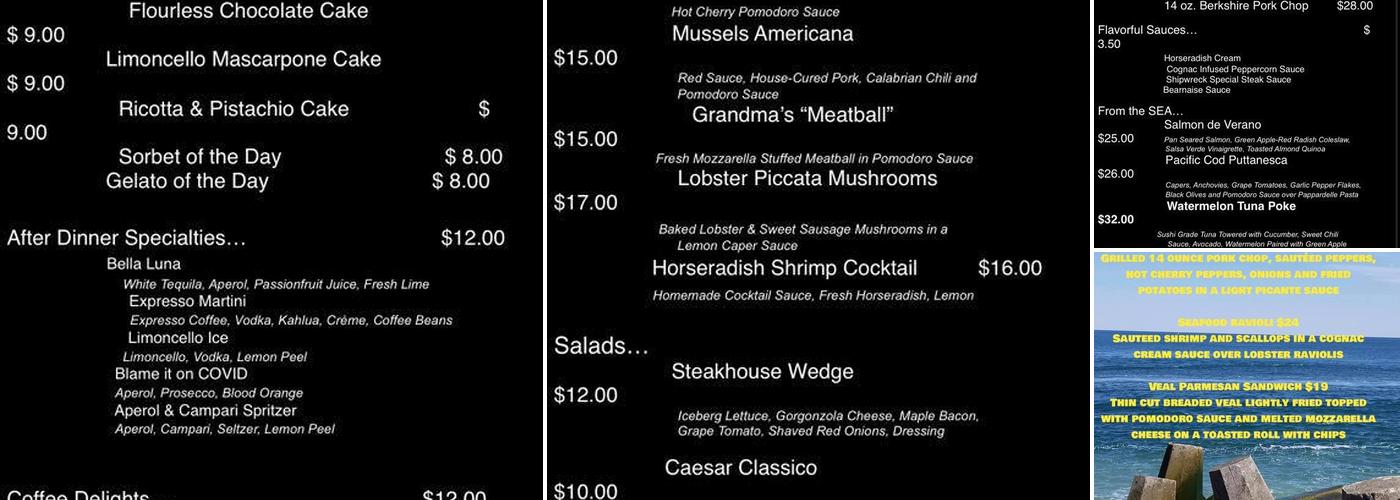 Shipwreck Point Menu