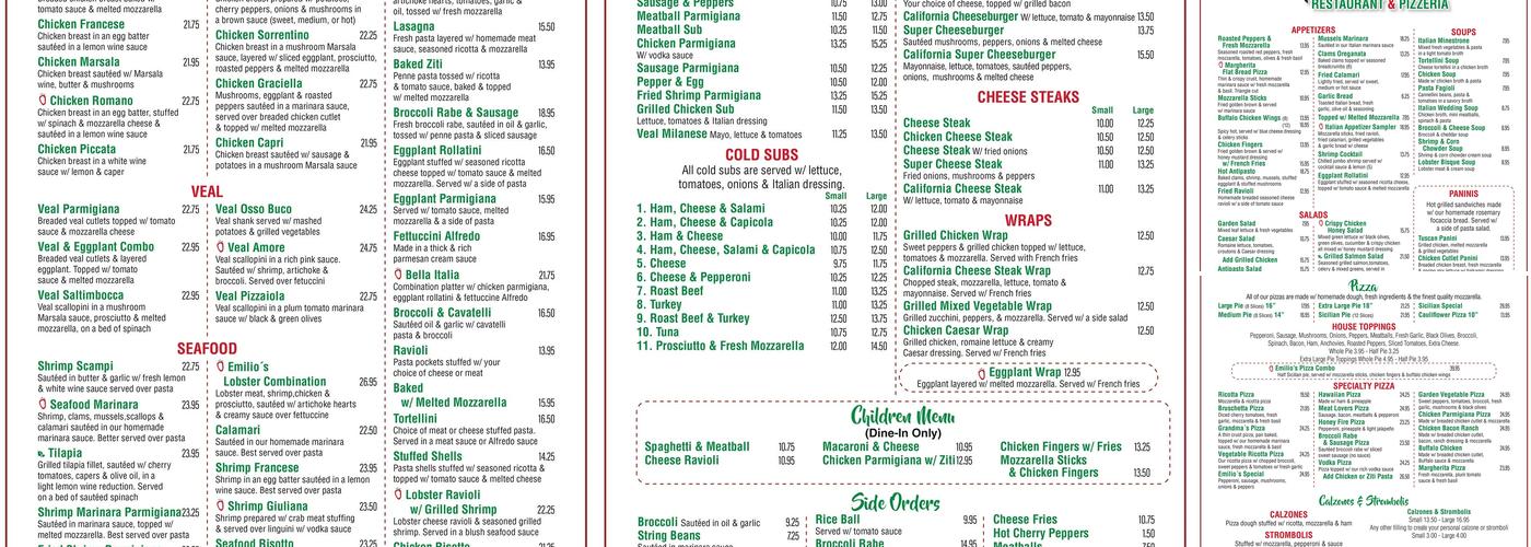 Emilio's Pizza Menu