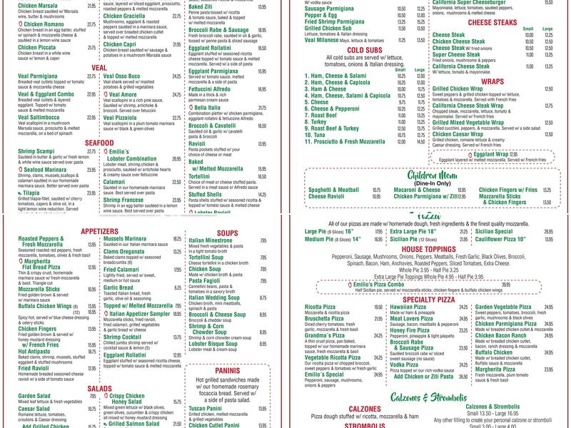 Emilio's Pizza Menu