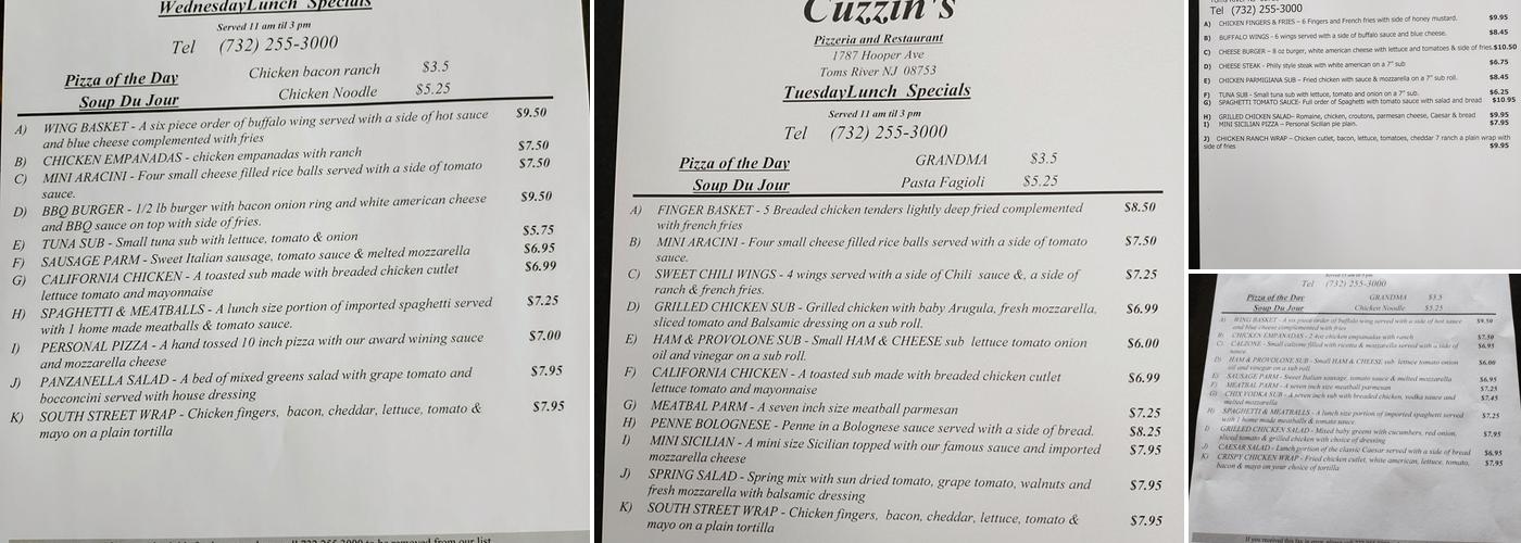 Cuzzins Pizzeria & Restaurant Menu