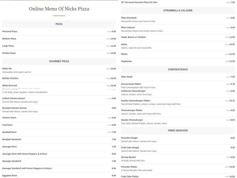 Nick's Pizza Menu