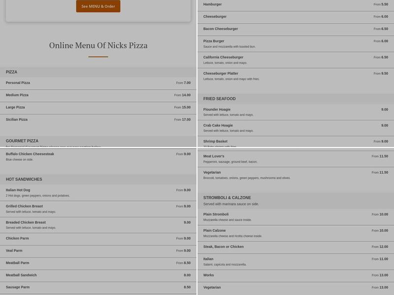 Nick's Pizza Menu