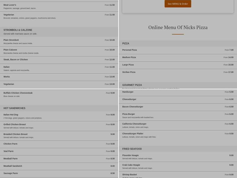 Nick's Pizza Menu