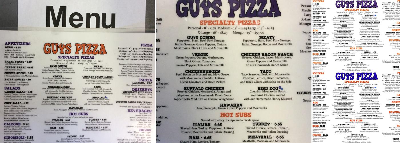 Guys Pizza Menu