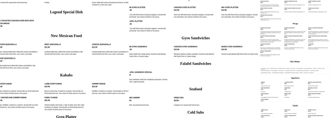 Legend Subs, Wings & Kababs Menu