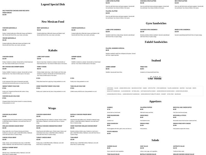Legend Subs, Wings & Kababs Menu